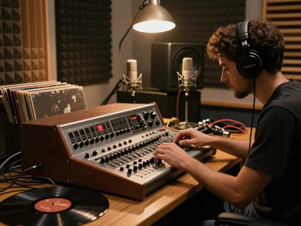 DA88 digital multitrack recorder in a retro music studio environment with warm lighting and sound engineer.