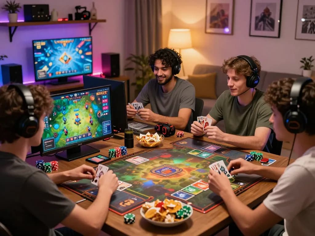 Enjoy the excitement of b52club gaming in a cozy living room setting filled with vibrant gaming graphics and accessories.