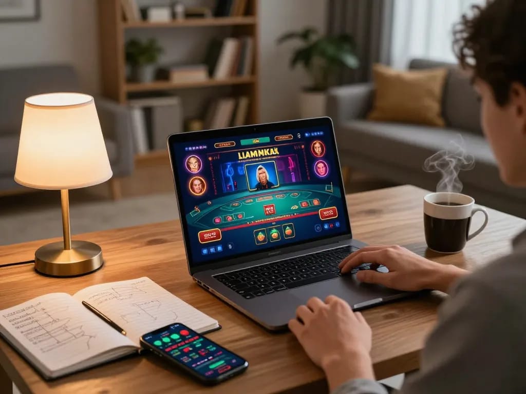 Engaging in responsible gaming with Link nhà cái Xo88 on a laptop at home, showcasing a cozy setup.