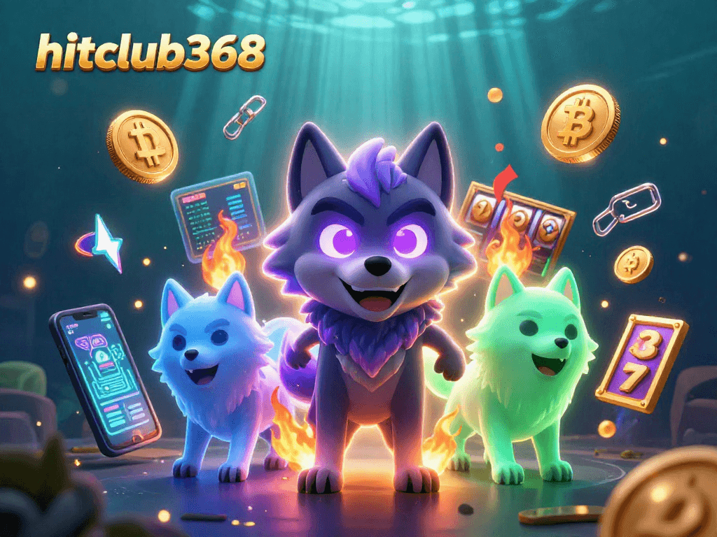 Engage with hitclub368's thrilling online gaming experience featuring animated wolves, Bitcoin coins, and vibrant slot reels.