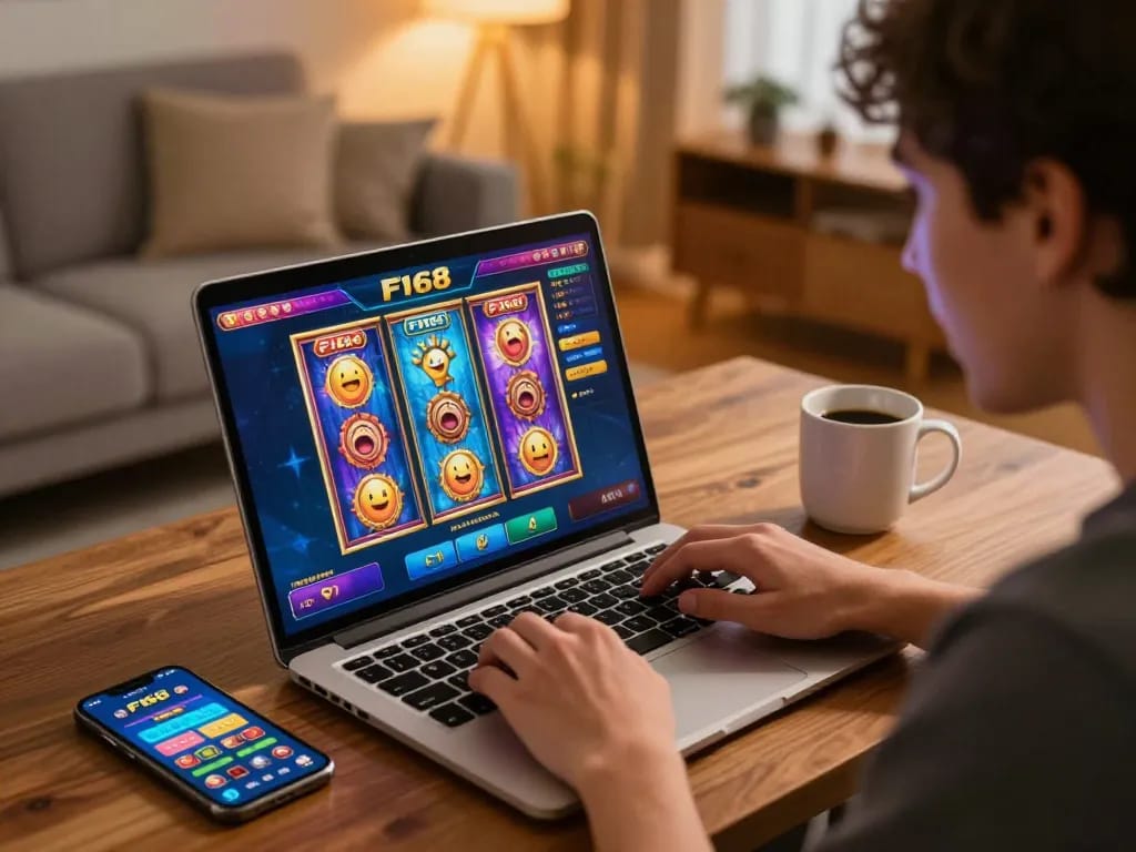 Player engaging with F168 online casino on laptop in cozy home setting, showing colorful game interface.