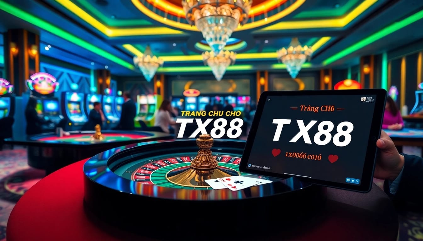 Engage with Trang Chủ TX88 while placing bets at a high-energy casino, featuring roulette and poker tables.
