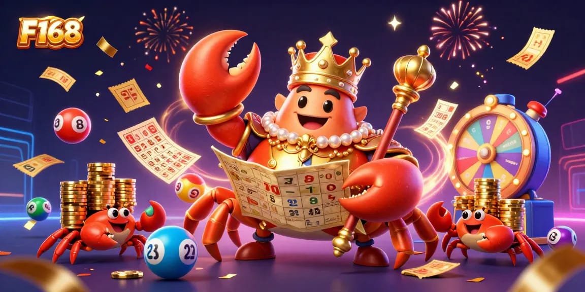 Engage with the exciting world of F168 featuring a majestic crab emperor amidst a vibrant, dynamic casino atmosphere.