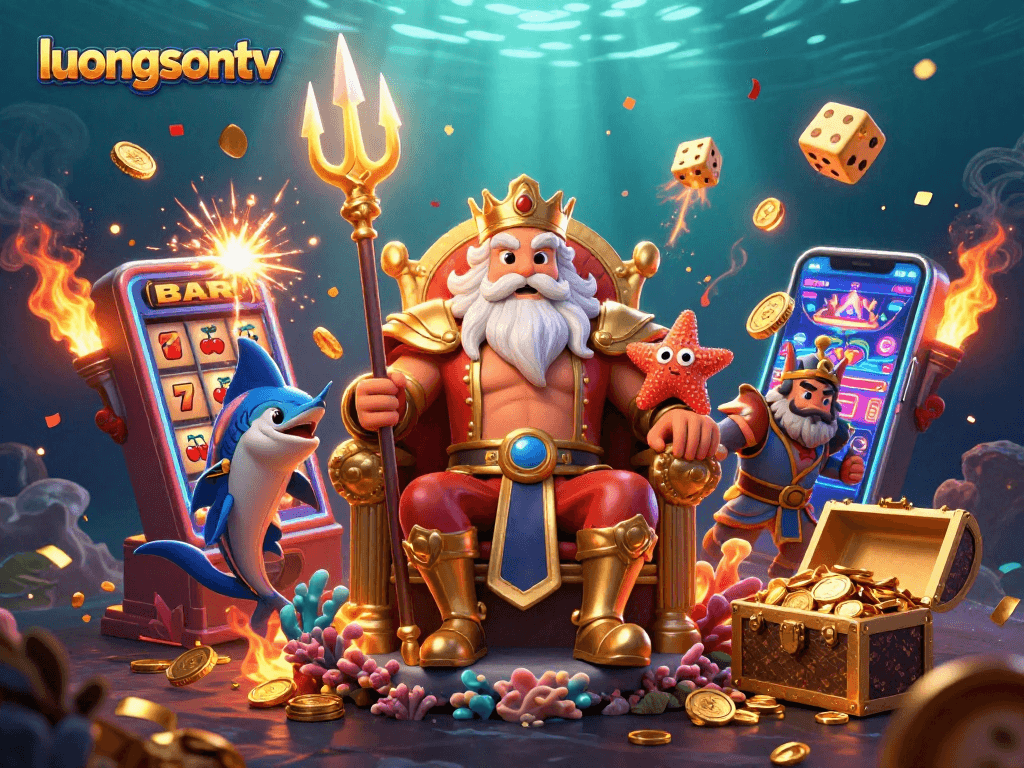 Experience exciting gameplay on luongsontv with a vibrant 3D casino scene featuring Neptune and a treasure-filled slot machine.