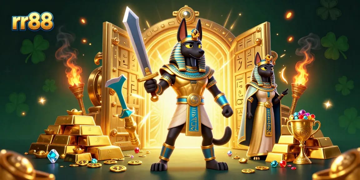 Experience thrilling gameplay at rr88 with a stunning ancient Egyptian themed casino illustration.