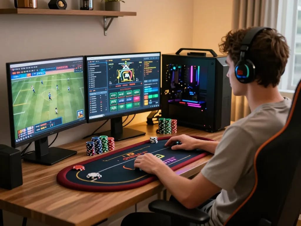 Engaged player strategizing on 9BET platform during an intense online casino session with multiple screens.