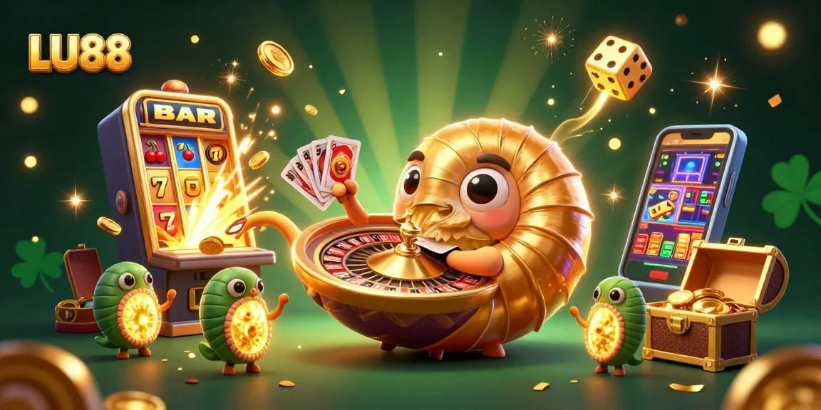 LU88 players engage with a vibrant slot machine explosion and animated roulette scene