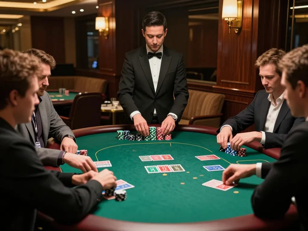 Players at a high-stakes card table experiencing the thrill of 555win as they strategize their bets.