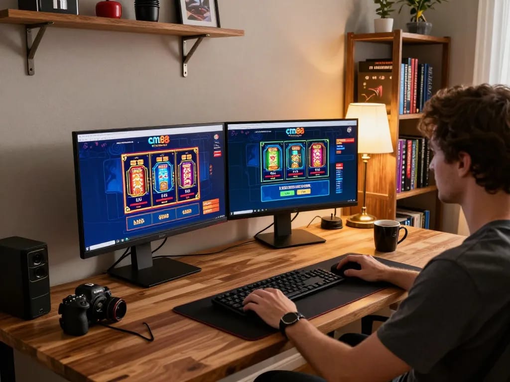 Engaged player exploring cm88's online casino gaming options from a modern home setup.