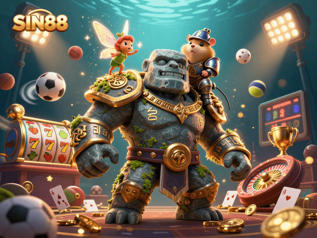 Engage in top SIN88 casino action with a lively scene featuring a golem guardian and magical elements.