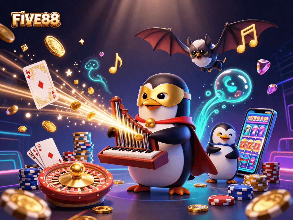 Join the FIVE88 action as a phantom penguin plays organ while golden coins rain down in a vibrant casino setting.