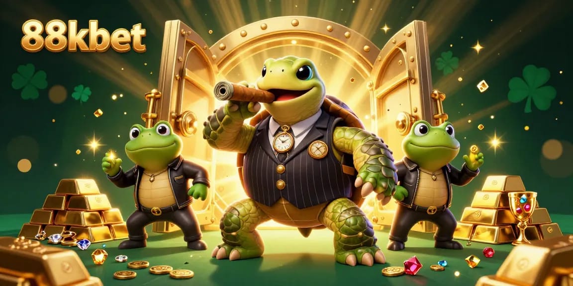 88kbet's vibrant casino scene showcases a turtle mobster and frog enforcers surrounded by treasure.
