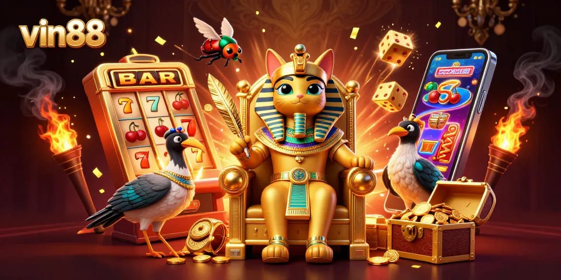 Experience exciting wins at vin88 with a vibrant scene of slot machines and golden treasures.