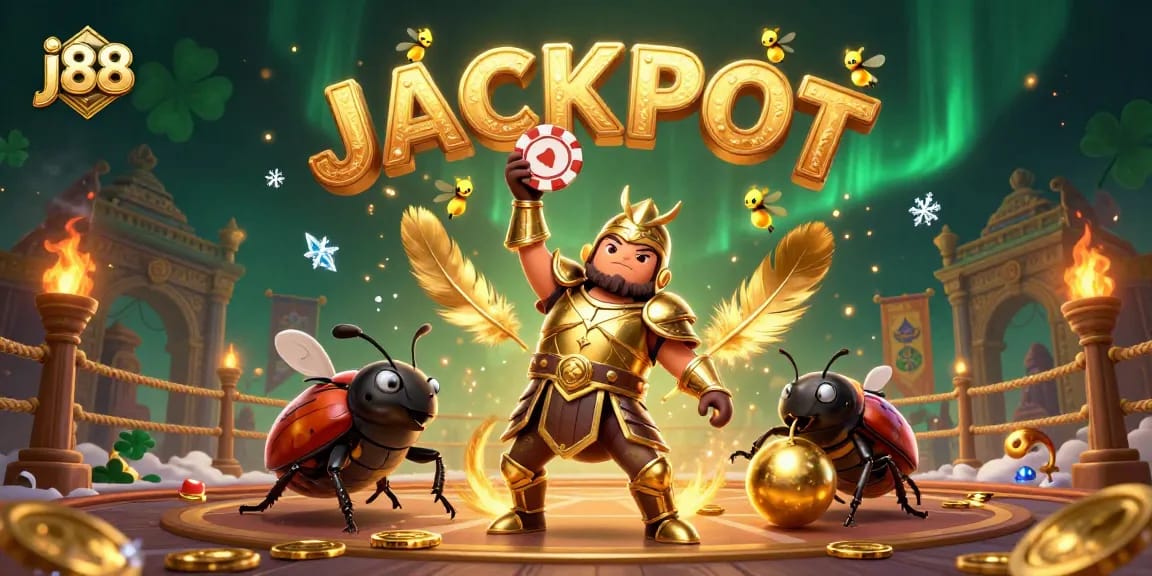 Engage in online gaming with j88, featuring a victorious beetle lifting a poker chip.