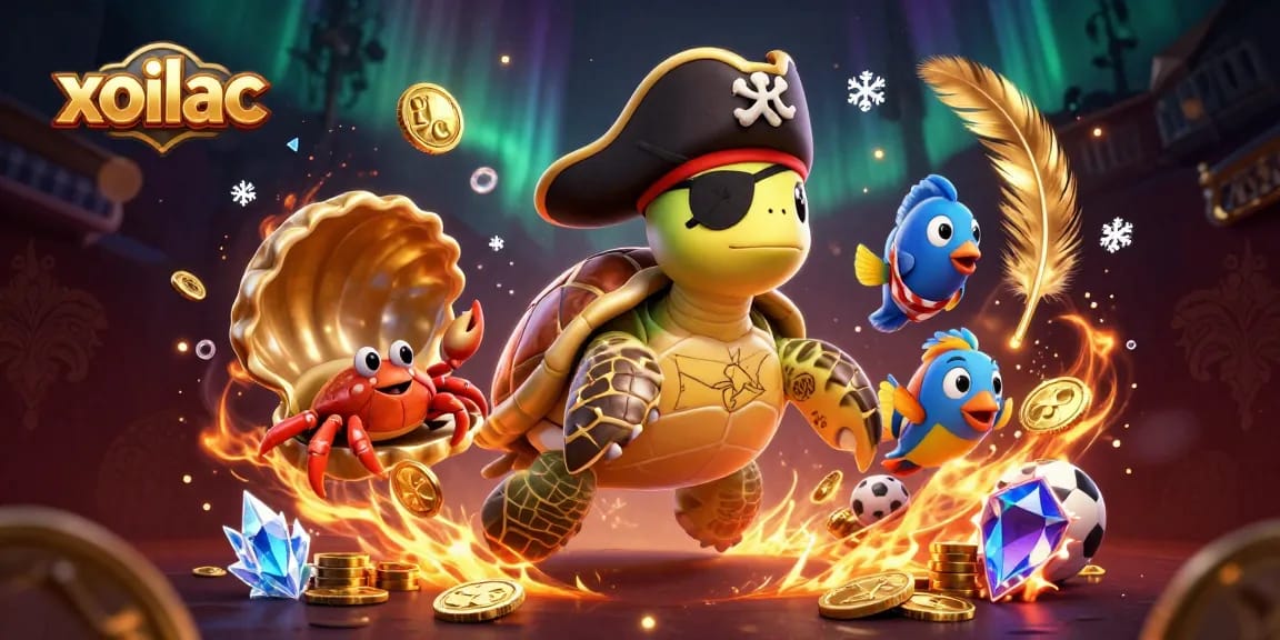 Xoilac enhances your winning strategy with vibrant 3D turtle pirate illustrations featuring dynamic sports betting elements.