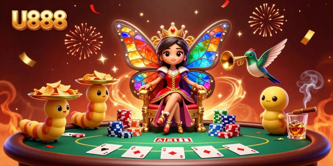 Experience the excitement of U888 with vibrant characters celebrating wins at a poker table.