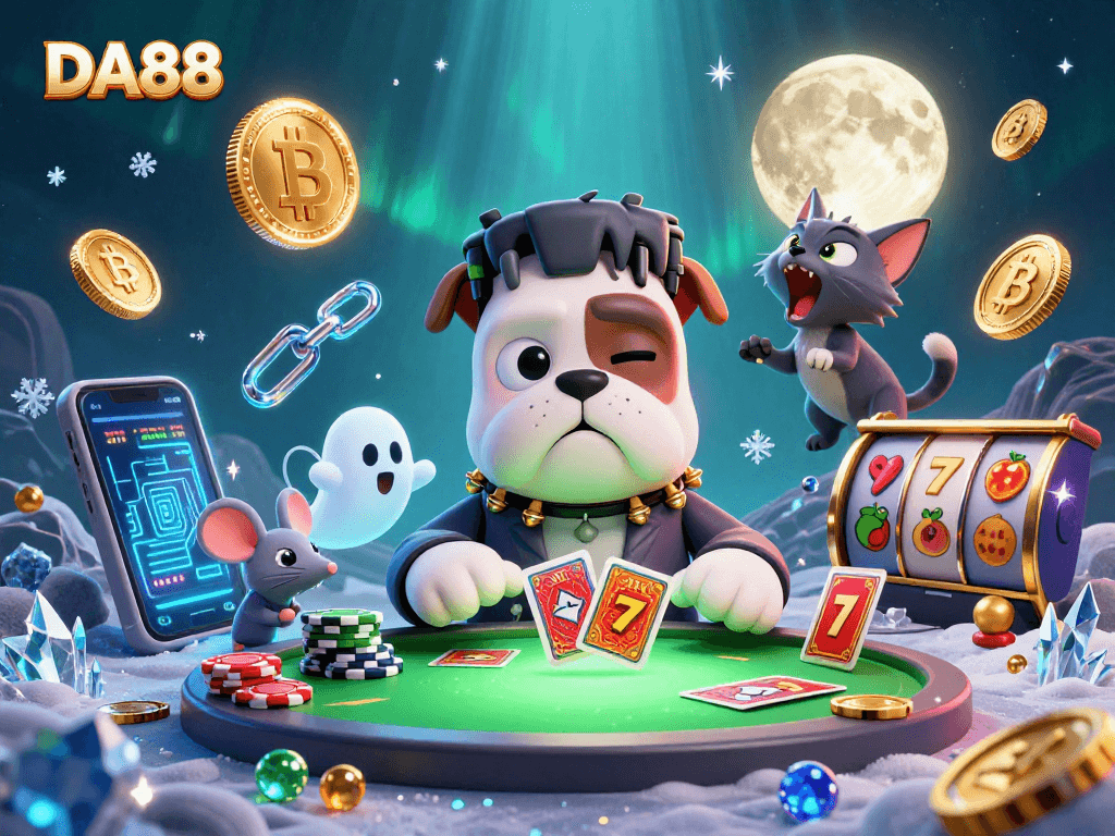 DA88 slots scene with a 3D cartoon Frankenstein bulldog and vibrant slot reels action