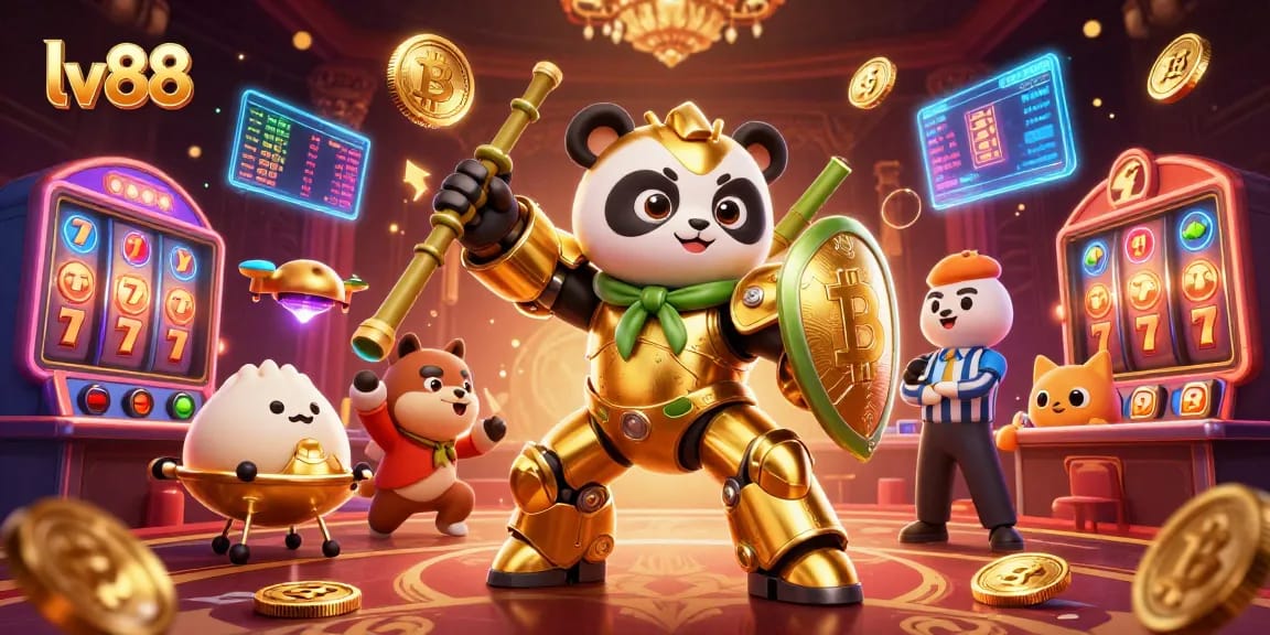 Experience the excitement of lv88 in a vibrant 3D cartoon casino arena with a golden panda and gambling elements.