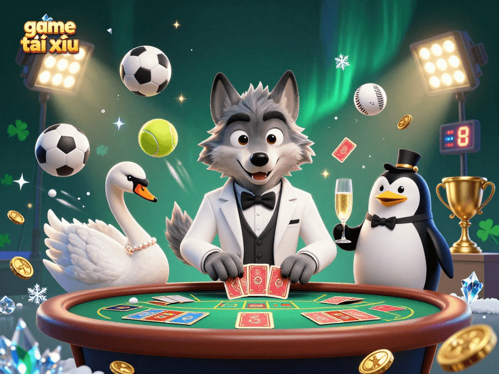 Engage in game tài xỉu with captivating characters and dynamic elements in this luxurious casino illustration.