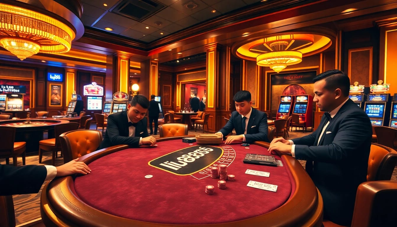 Players engaging at a poker table in a luxurious casino setting, highlighting lu888 gaming excitement.