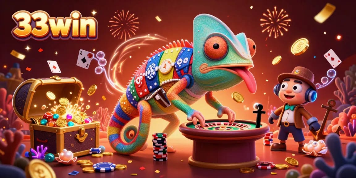Engage with 33win’s vibrant casino world witnessing a chameleon dealer amidst glowing gems and festive decor.