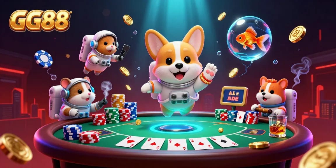 Engage with GG 88 as a corgi astronaut plays in a vibrant casino space with drifting poker chips.