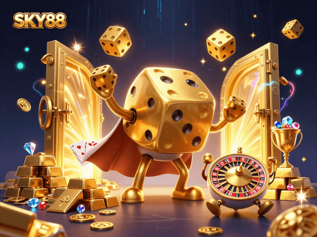 SKY88 Casino: Massive golden dice golem juggling luck-filled dice in a vibrant 3D gambling scene