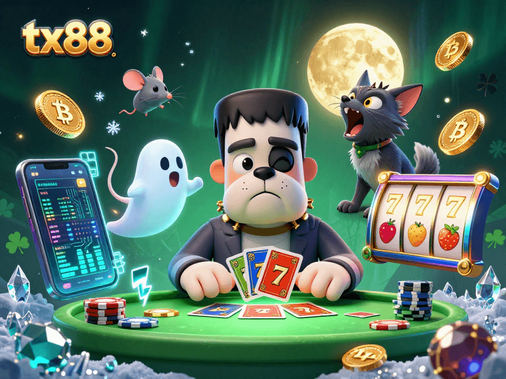 tx88 showcases a lively casino scene with a Frankenstein bulldog dealing cards and a ghost mouse amidst crypto coins.