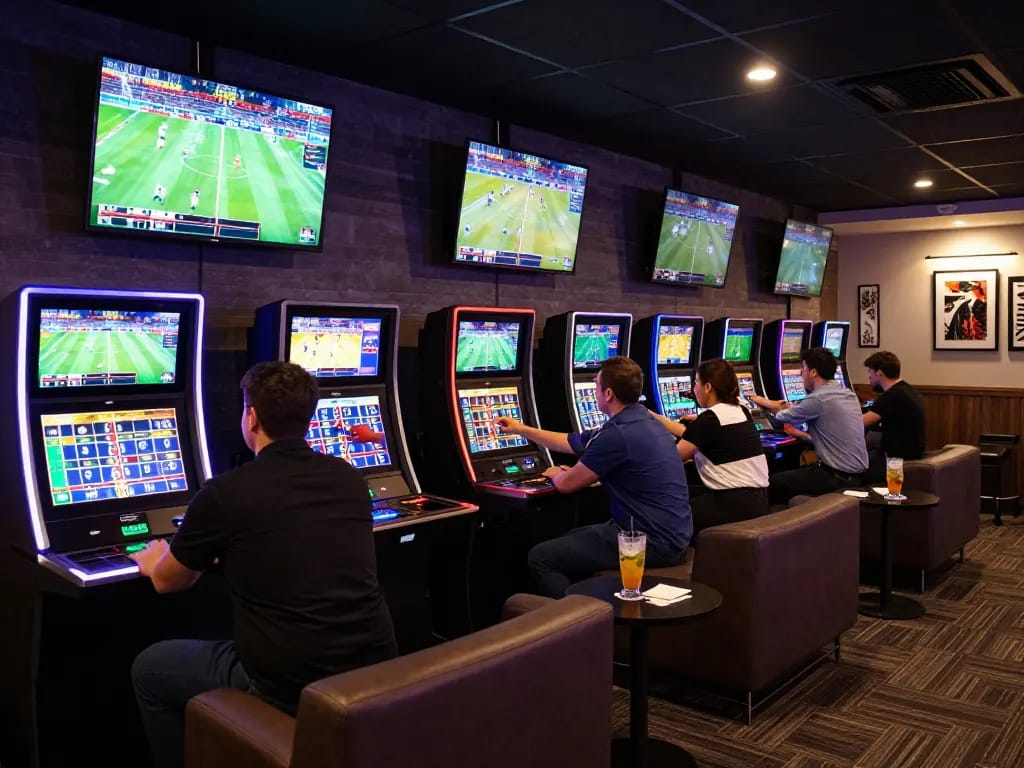 Betting excitement at https://va88.moe/ with patrons engaging in live sports betting.
