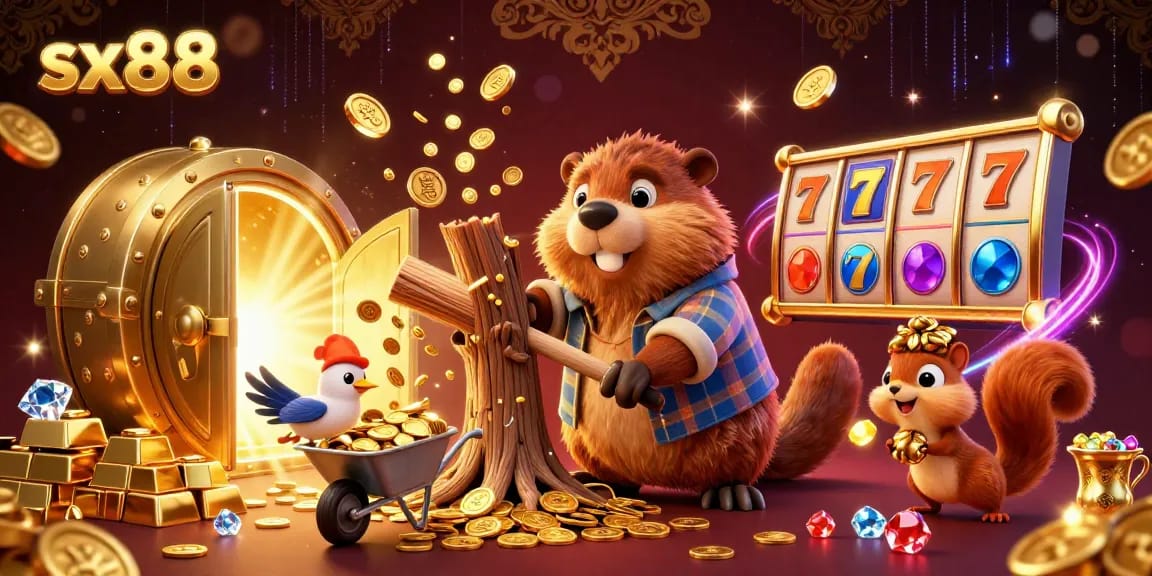Experience the vibrant action at sx88 with a colorful scene of a busy beaver collecting gold coins amidst slot games.