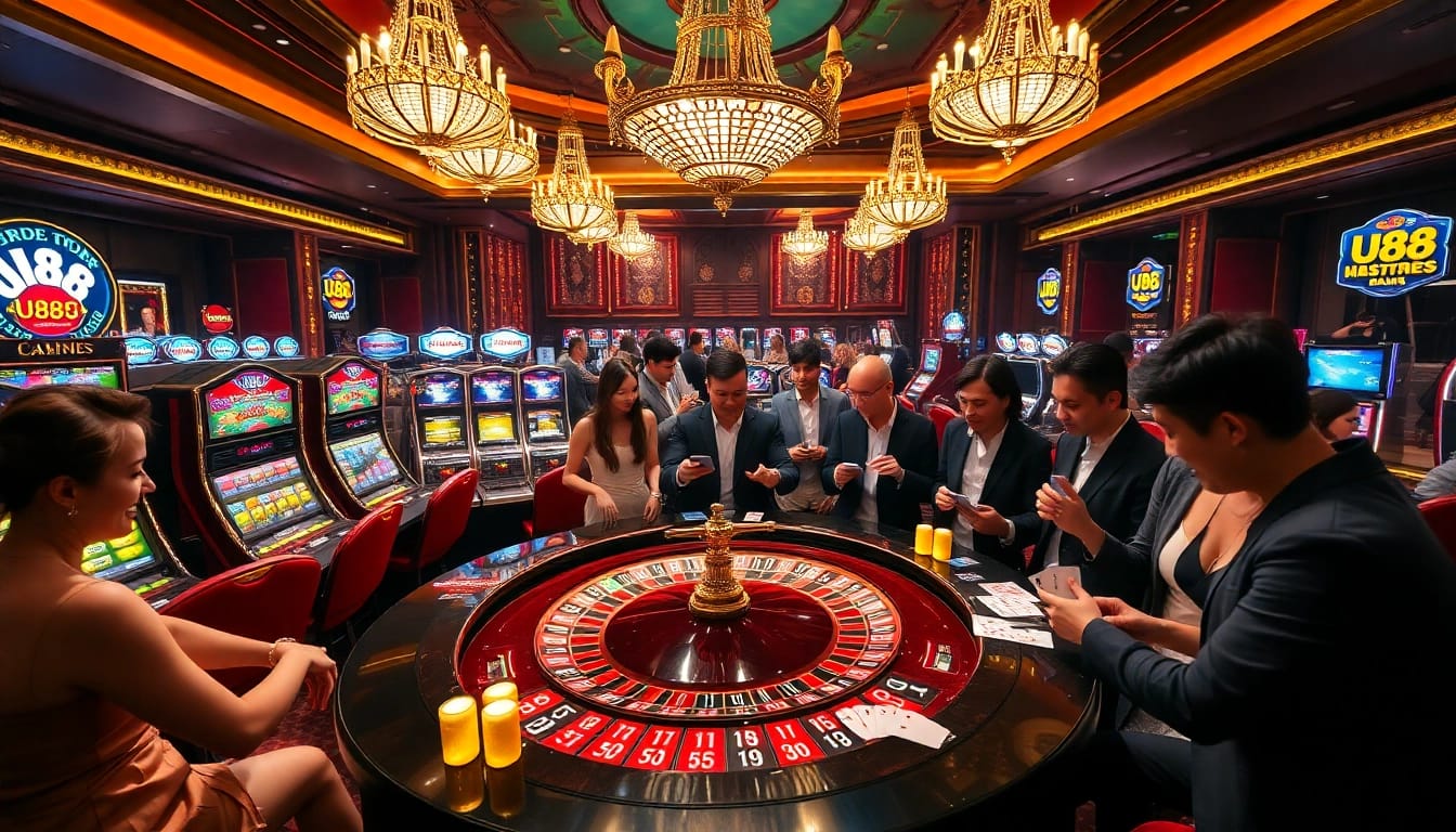 Gamblers engaging in thrilling games with U88 chips at an elegant casino floor.