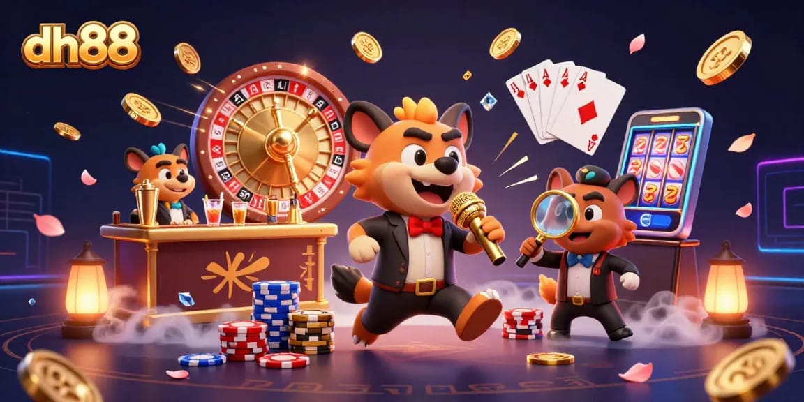 Engage with dh88's dynamic casino scene featuring hyenas in vibrant, engaging roles surrounded by casino elements.