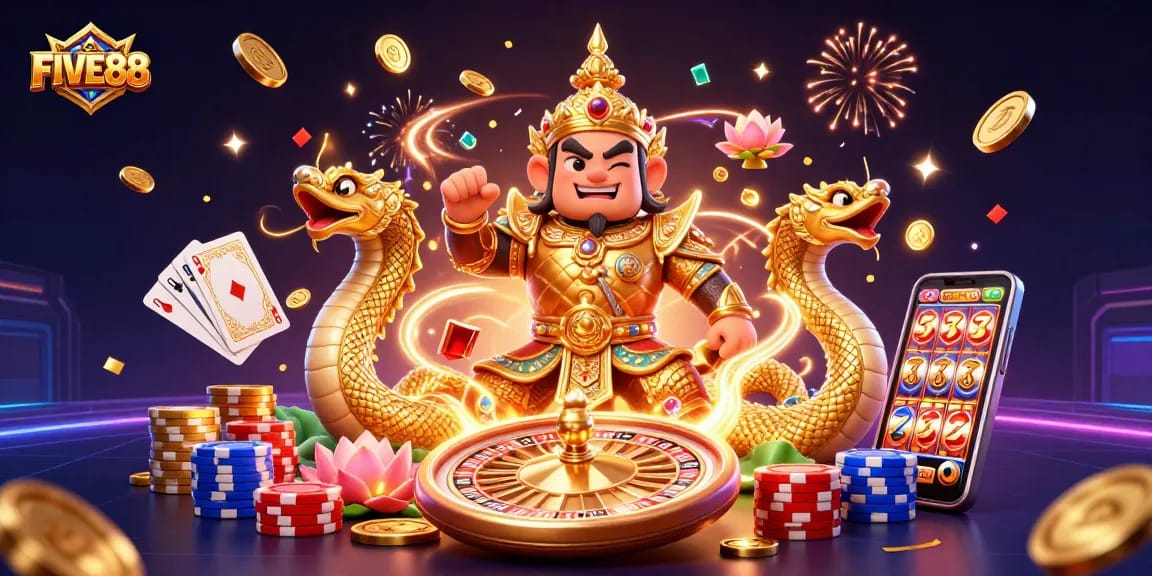Experience the thrill of FIVE88 with vibrant casino elements in this engaging illustration.