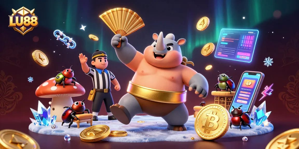 Witness the LU88 rhinoceros beetle sumo champion in an epic crypto scene, coins flying!