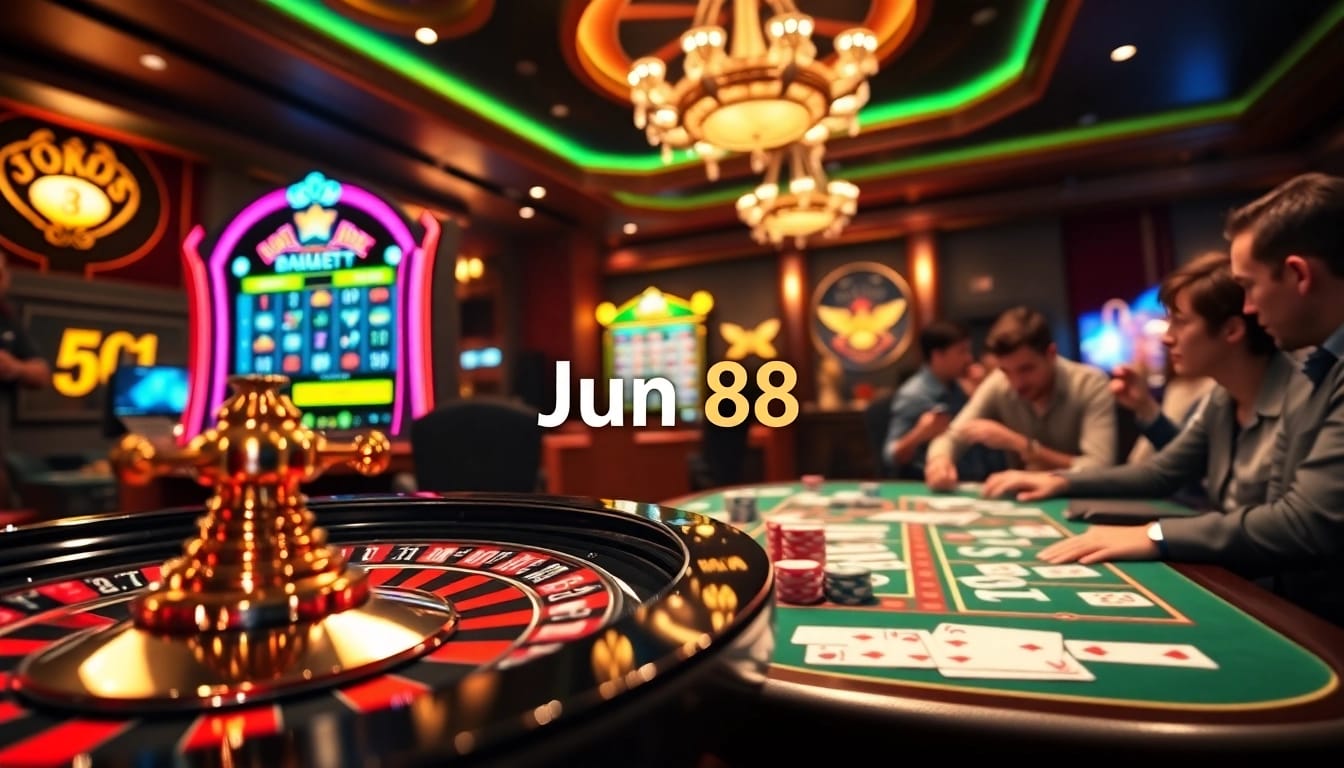 Experience the thrill of Jun 88 casino gaming with vibrant roulette and slot machines in action.
