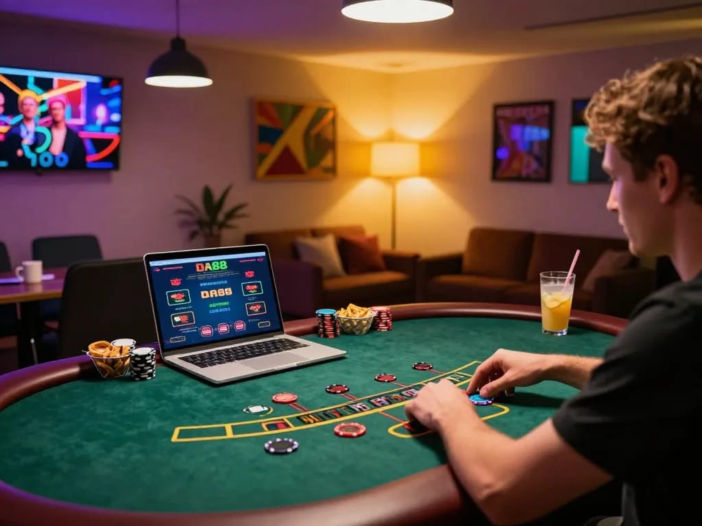 Player engaged in a live dealer game on DA88 with a cozy online gaming setup.