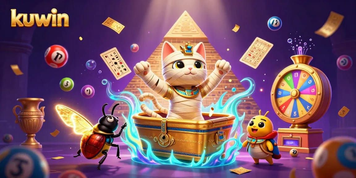 Kuwin offers an exciting scene of a mummy cat, golden elements, and a lively lottery experience.