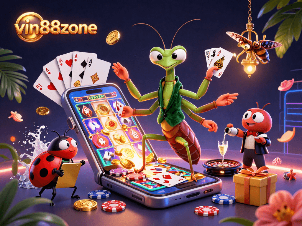 Experience the thrill of vin88zone with dynamic casino characters, slots, and vibrant gaming elements.