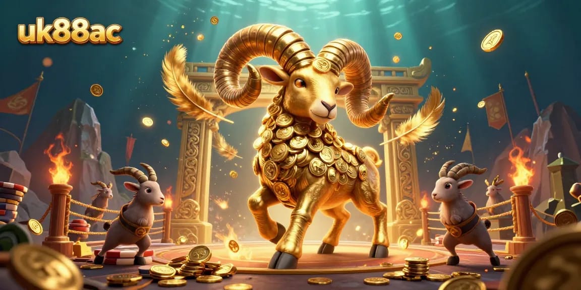 Experience excitement with uk88ac's vibrant casino scene featuring a golden ram charging through a dynamic arena.