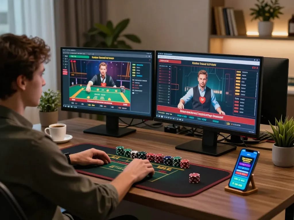 Experience 9bet chính thức at a home gaming setup with a player engaged in live casino games on multiple screens.