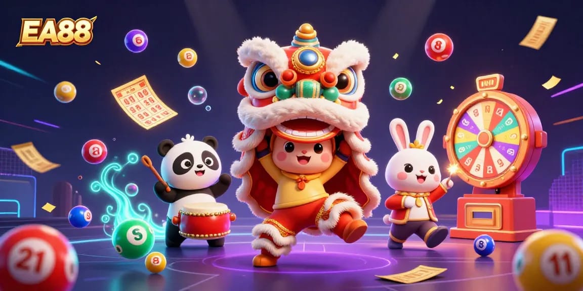 Experience the excitement of EA88 with vibrant lottery balls and stunning visuals in a dynamic casino scene.