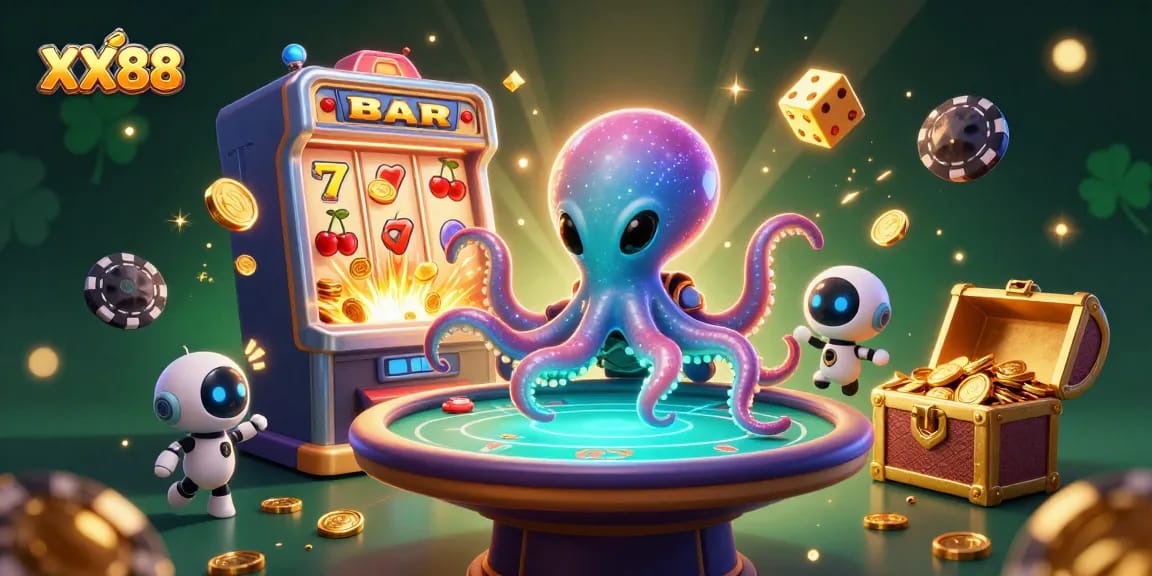 Engage with the exciting casino environment of XX88, featuring alien and robot characters at a lively poker table.