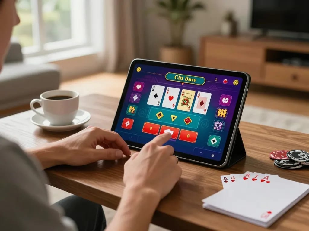 Engaged player enjoying online blackjack at https://lc88.bio/ in a cozy home setting, showcasing strategic gameplay.