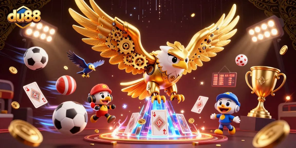 du88 showcases a dynamic esports betting scene with a golden eagle and sports elements.