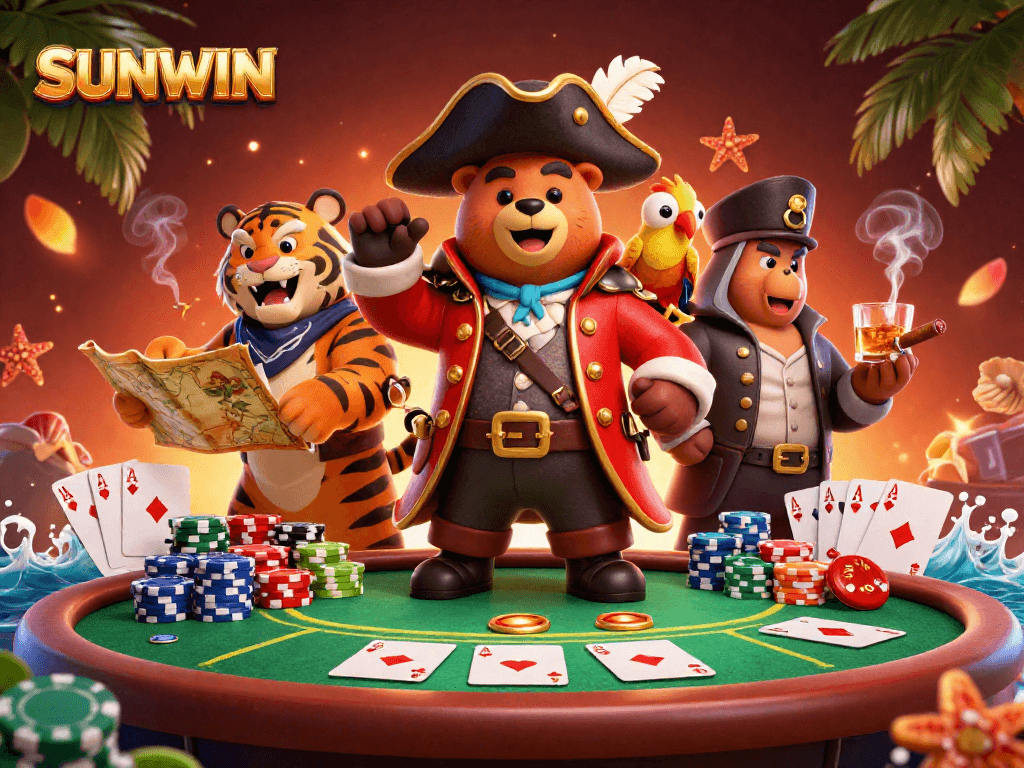 SUNWIN pirate-themed gambling illustration featuring a bear and tiger at a poker table.