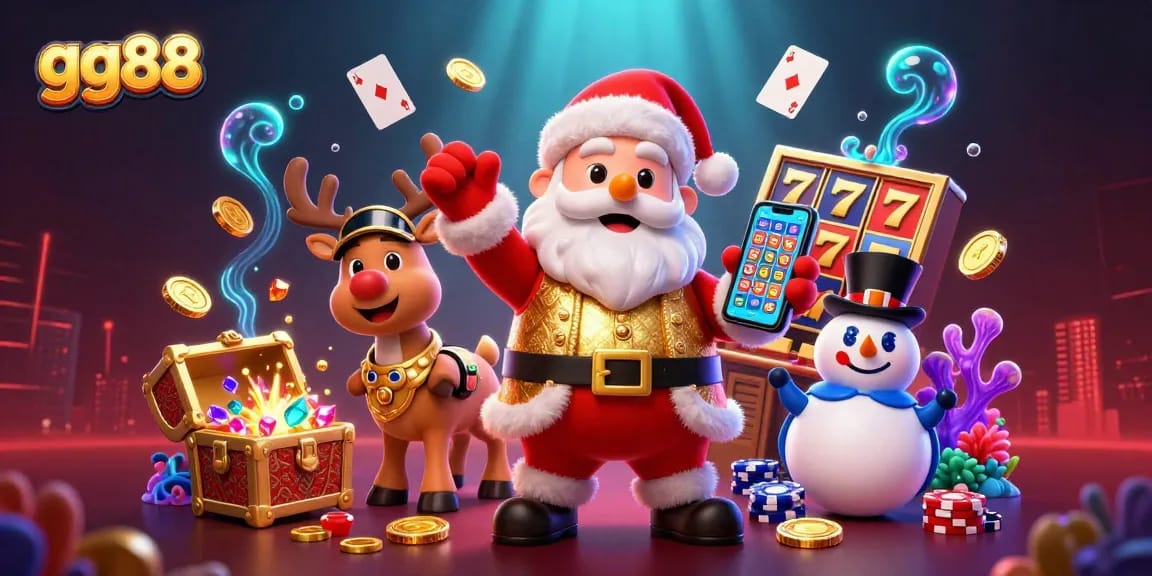Play slots and win big with gg88 in this vibrant casino illustration featuring Santa and friends.