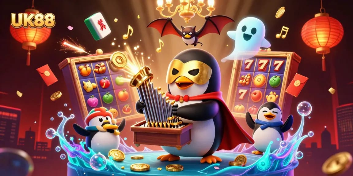 Engage with UK88's vibrant gaming scene featuring a penguin organist amidst slot reels and lucky symbols.