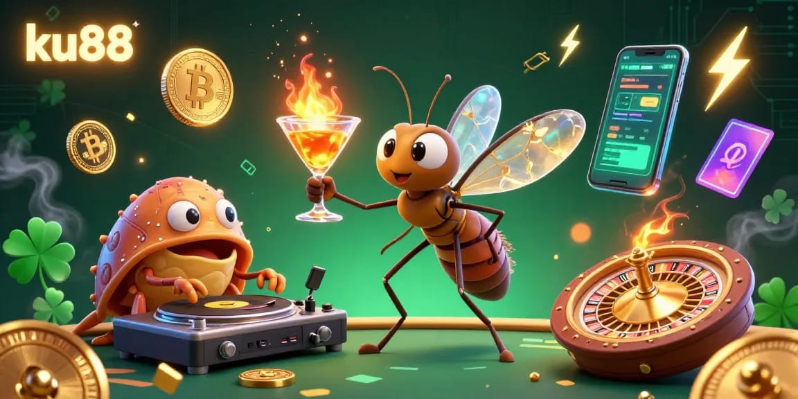 Engage with exciting casino action in ku88 featuring a cartoon mosquito mascot, golden roulette, and crypto elements.