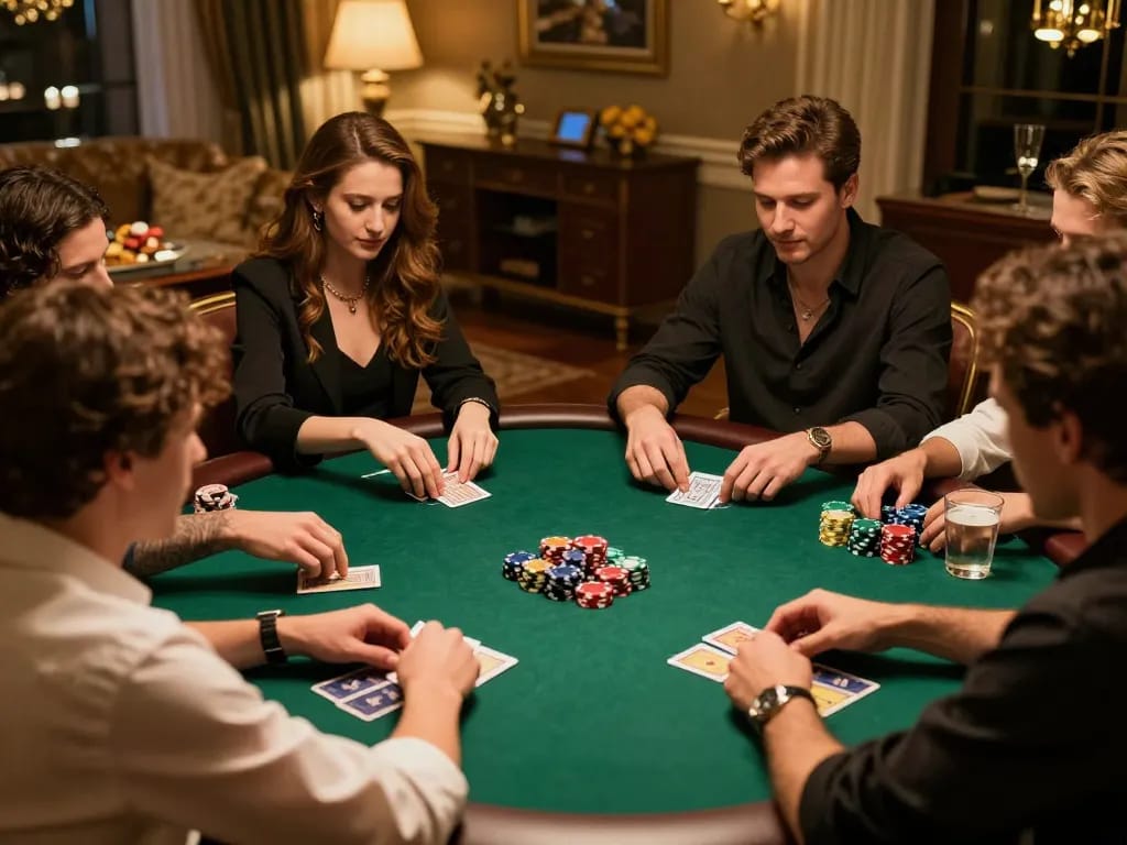 79king poker players strategizing over a green felt table during an exciting home game.