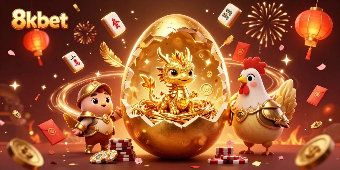 Experience the magic of 8kbet with a golden dragon and poker chips in a vibrant casino scene.